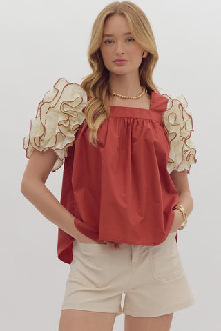 Brick Ruffle Sleeved Blouse