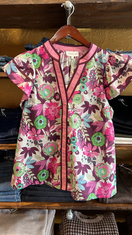 Ruffle Sleeve Pink Floral Blouse