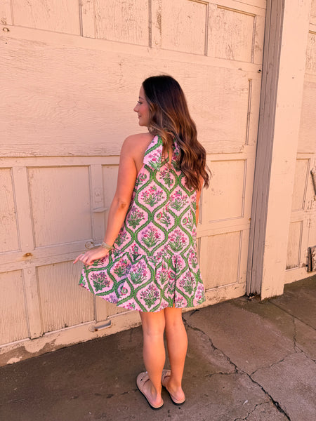 Green & Pink Halter Dress