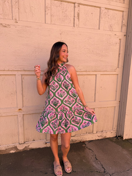 Green & Pink Halter Dress