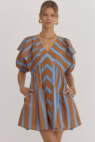 Mocha & Blue Puff Sleeve Dress