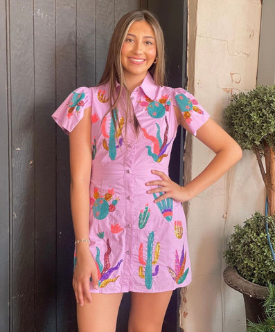 Lavender Scattered Cactus Button Up Dress