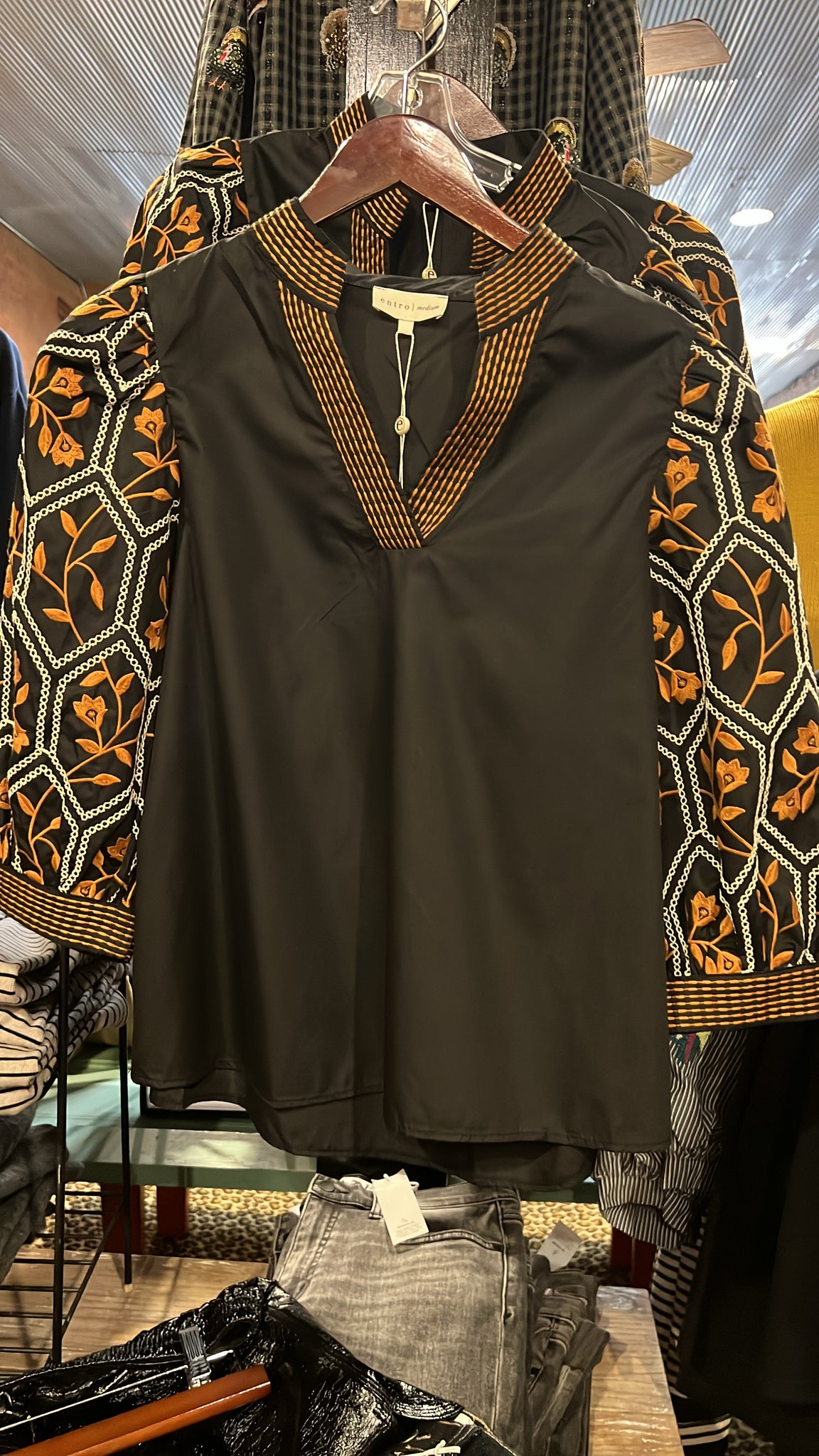Entro Black Blouse with Orange Emb. Sleeves