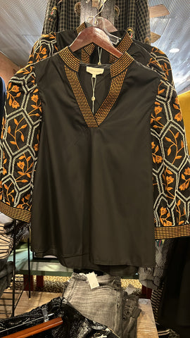 Entro Black Blouse with Orange Emb. Sleeves