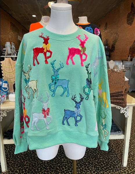 Mint Green Sweatshirt with Velvet Reindeer