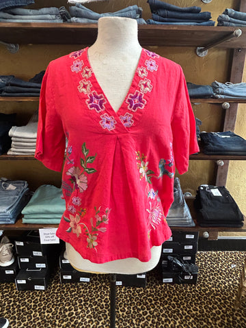 Watermelon Linen V Neck Blouse