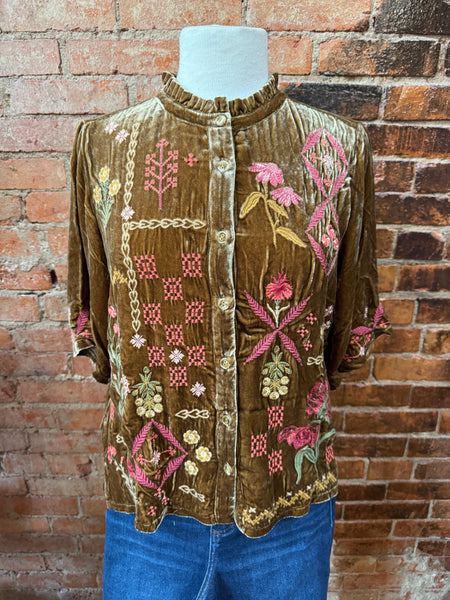 Ruffle Neck Velvet Shirt - Malaya