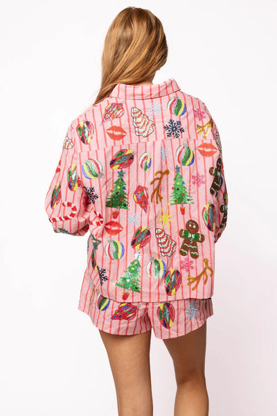 Light Pink & Red Stripe Christmas Icons Button Up Top