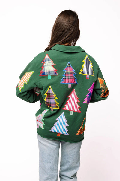 Dark Green Multi Plaid & Stripe Christmas Tree Button Up Shacket