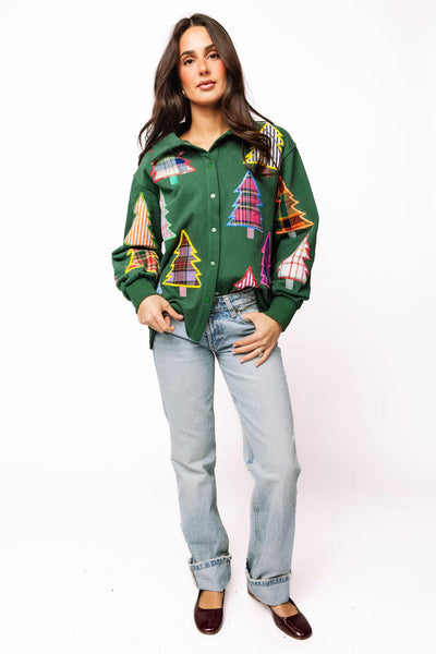 Dark Green Multi Plaid & Stripe Christmas Tree Button Up Shacket