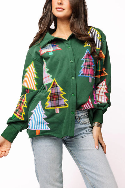 Dark Green Multi Plaid & Stripe Christmas Tree Button Up Shacket