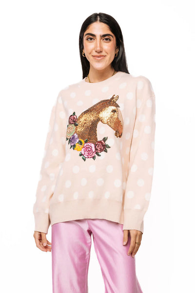 Tan Polka Dot Horse with Rose Wreath Sweater
