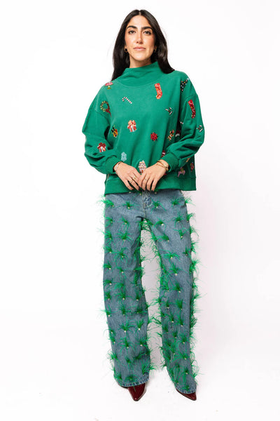 Dark Green Small Christmas Icon Mock Neck Sweatshirt