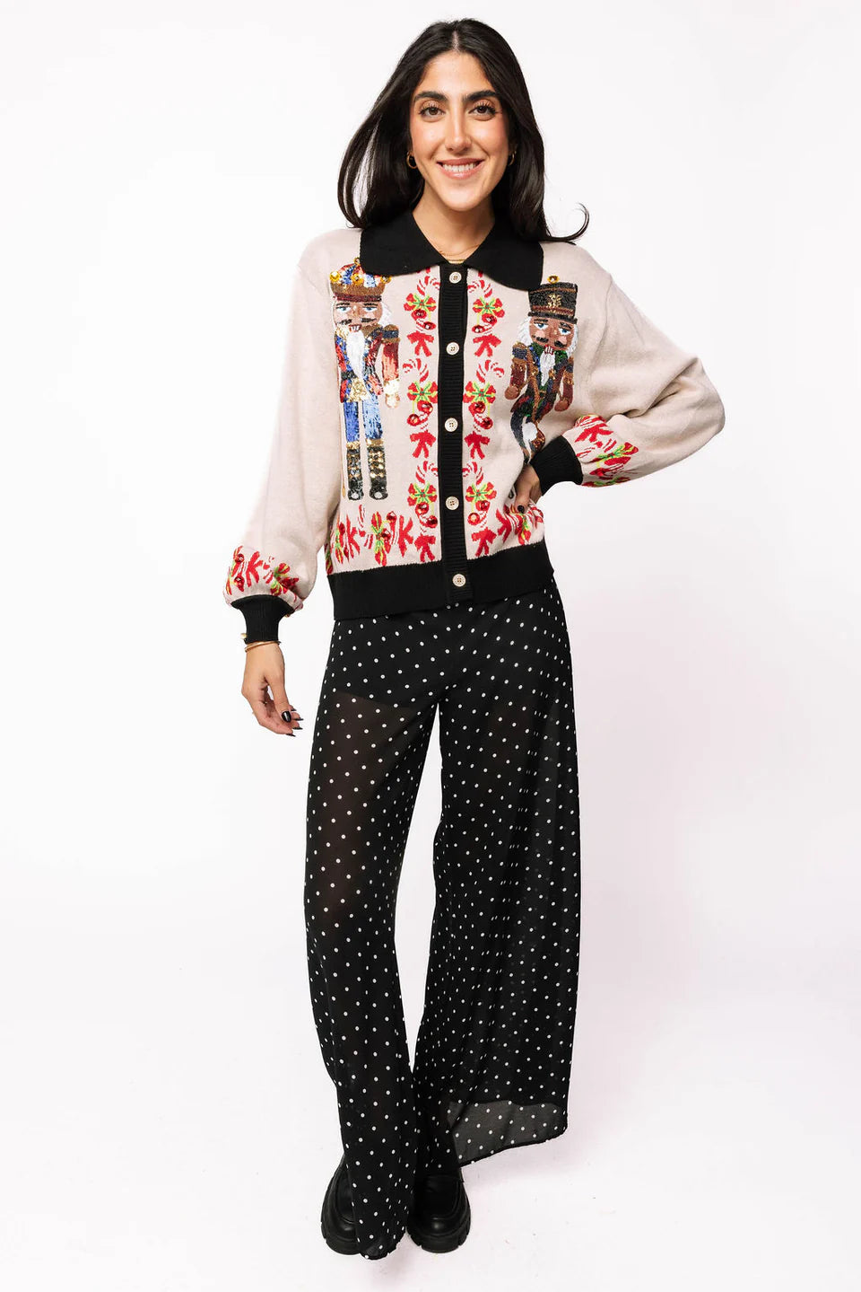 Black Trim Collar Nutcracker & Candy Cane Button Up Cardigan